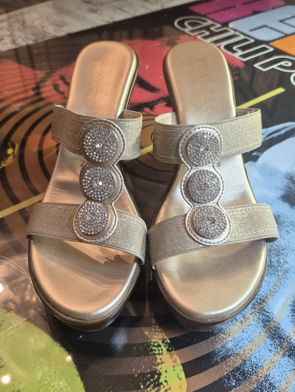 Italian Shoemakers Metallic Gold Slide Sandals with Crystal Medallions